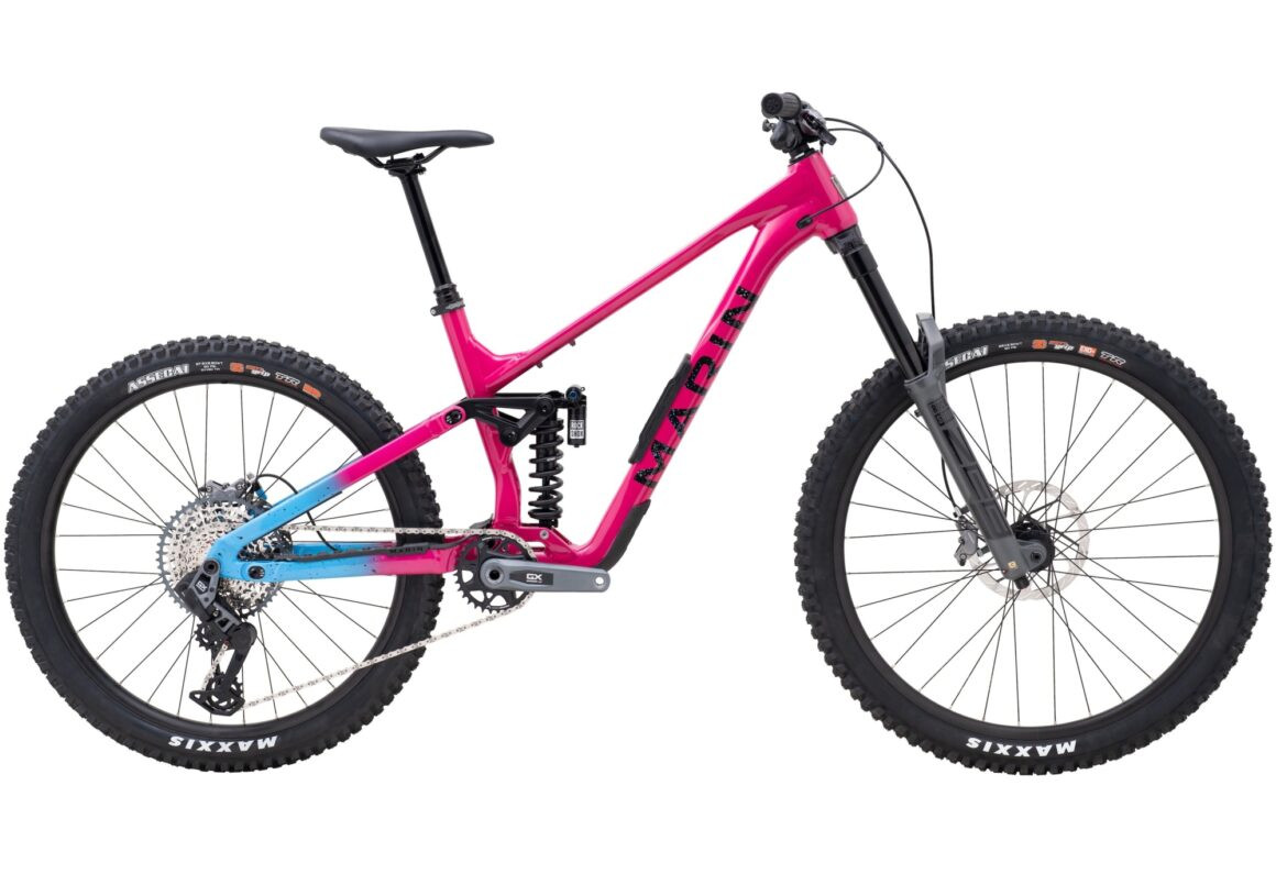 A képen a MARIN Alpine Trail XR GX AXS kerékpár látható lila/kék/fekete színben.